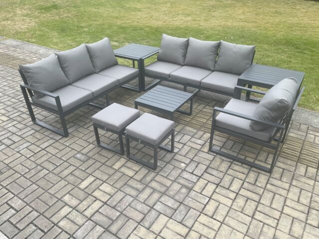 Fimous Aluminium 9 Seater Outdoor Garden Furniture Lounge Sofa Set with Square Coffee Table Chair 2 Small Footstools 2 Side Table Dark Grey - image 1
