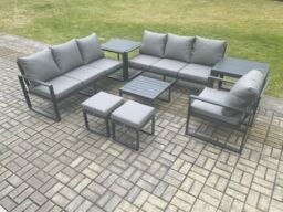 Fimous Aluminium 9 Seater Outdoor Garden Furniture Lounge Sofa Set with Square Coffee Table Chair 2 Small Footstools 2 Side Table Dark Grey - thumbnail 1