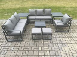Fimous Aluminium 9 Seater Outdoor Garden Furniture Lounge Sofa Set with Square Coffee Table Chair 2 Small Footstools 2 Side Table Dark Grey - thumbnail 2