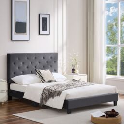 FURNITURE ONE Upholstered Platform Bed Frame with Adjustable Button Tufted Headboard in Grey - Size: King