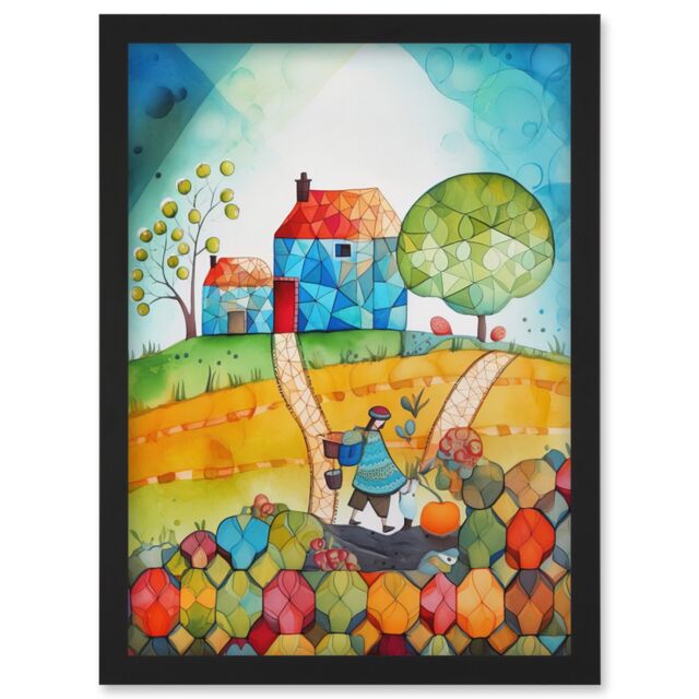 Artery8 Farmer Heading Home Folk Art Watercolour Painting Artwork Framed Wall Art Print A4 in Black - image 1