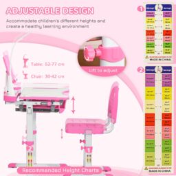 HOMCOM Kids Desk & Chair Set, Height Adjustable Study Desk with USB Lamp in Pink - thumbnail 4