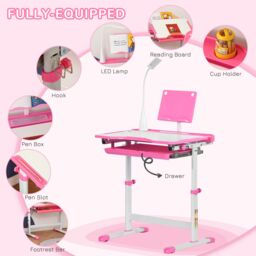 HOMCOM Kids Desk & Chair Set, Height Adjustable Study Desk with USB Lamp in Pink - thumbnail 6