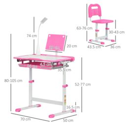 HOMCOM Kids Desk & Chair Set, Height Adjustable Study Desk with USB Lamp in Pink - thumbnail 3