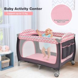 Costway 4 in 1 Infant Nursery Center Folding Baby Playard w/ Toy Bar in Pink - thumbnail 6