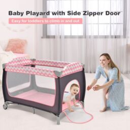 Costway 4 in 1 Infant Nursery Center Folding Baby Playard w/ Toy Bar in Pink - thumbnail 5