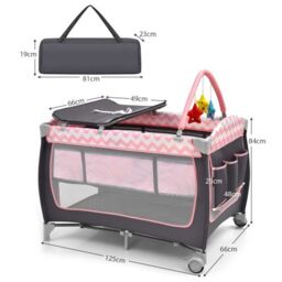 Costway 4 in 1 Infant Nursery Center Folding Baby Playard w/ Toy Bar in Pink - thumbnail 3