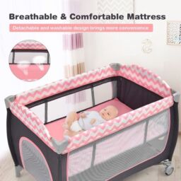 Costway 4 in 1 Infant Nursery Center Folding Baby Playard w/ Toy Bar in Pink - thumbnail 9