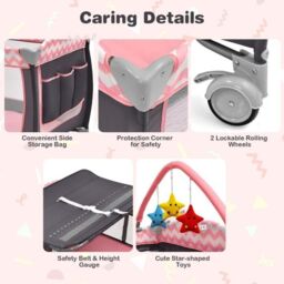 Costway 4 in 1 Infant Nursery Center Folding Baby Playard w/ Toy Bar in Pink - thumbnail 8