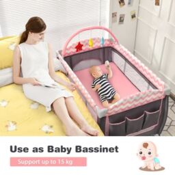 Costway 4 in 1 Infant Nursery Center Folding Baby Playard w/ Toy Bar in Pink - thumbnail 7
