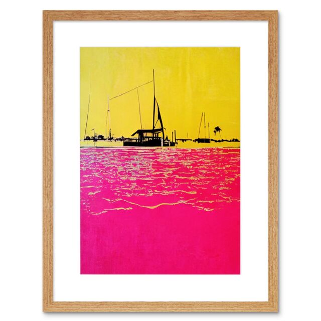 "Artery8 Wall Art Print Modern Abstract Seaside Port With Colour Blocking Yellow & Hot Pink Artwork Framed 9X7 Inch in Beige - Size: W7"" x H9""" - image 1