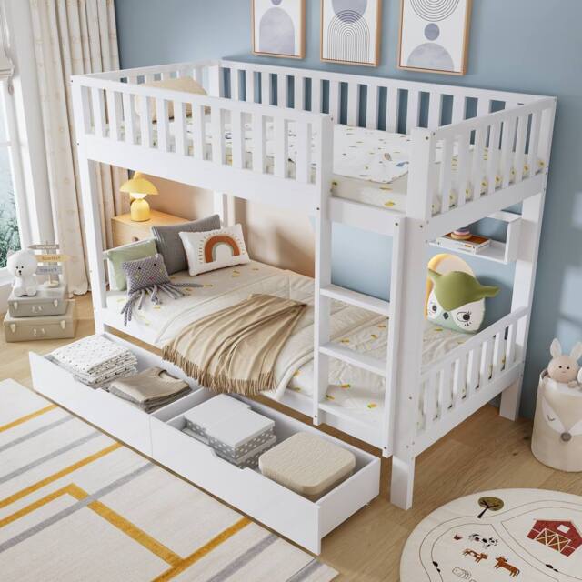 BTM 3ft Single Bunk Bed Wooden Bed Frame Storage Drawer with Shelf in White - image 1