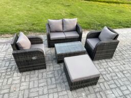 Fimous 5 PC Outdoor PE Rattan Garden Furniture Set Wicker Love Sofa Coffee Table 2 Armchair Big Footstool Dark Grey Mixed - thumbnail 2