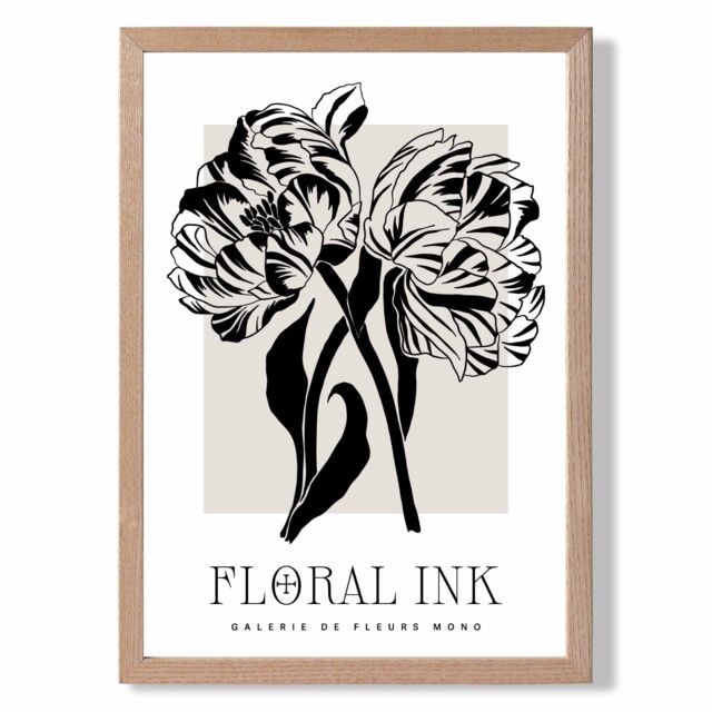 ARTZE Camelias Black & Beige Floral Ink Sketch Framed Print SIZE: A3 with Oak Frame - image 1