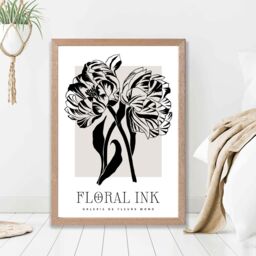 ARTZE Camelias Black & Beige Floral Ink Sketch Framed Print SIZE: A3 with Oak Frame - thumbnail 2