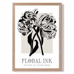 ARTZE Camelias Black & Beige Floral Ink Sketch Framed Print SIZE: A3 with Oak Frame - thumbnail 1
