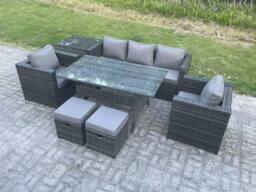 Fimous 7 Seater Rattan Garden Furniture Set Patio Rectangular Dining Table Lounge Sofa Chair 2 Stools in Dark Grey - thumbnail 2