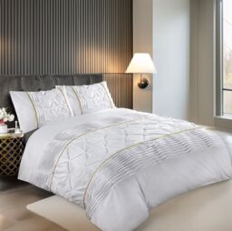 Snug City Duvet Cover & Pillowcase Set Modern Pintuck Border Pleated Bed Linen in White - Size: King - thumbnail 1