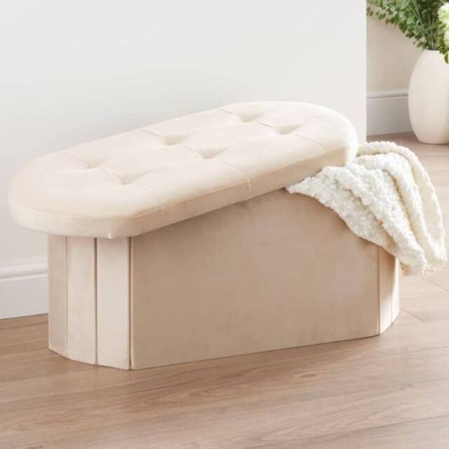 HOME LUXE INTERIOR Cream Velvet Oval Storage Ottoman - Padded Bench & Blanket Box