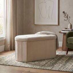 HOME LUXE INTERIOR Cream Velvet Oval Storage Ottoman - Padded Bench & Blanket Box - thumbnail 6
