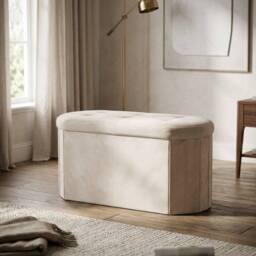 HOME LUXE INTERIOR Cream Velvet Oval Storage Ottoman - Padded Bench & Blanket Box - thumbnail 5