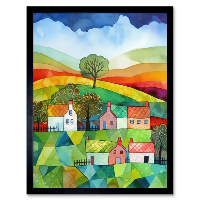 "Artery8 Wall Art Print Rural Landscape Rainbow Countryside Folk Art Watercolour Painting Art Framed in Black - Size: W12"" x H16""" - image 1