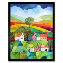 "Artery8 Wall Art Print Rural Landscape Rainbow Countryside Folk Art Watercolour Painting Art Framed in Black - Size: W12"" x H16""" - thumbnail 1