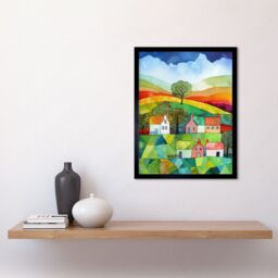 "Artery8 Wall Art Print Rural Landscape Rainbow Countryside Folk Art Watercolour Painting Art Framed in Black - Size: W12"" x H16""" - thumbnail 2