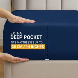Pamposh 35cm Extra Deep Cotton Sateen Fitted Sheet - Soft & Smooth in Navy - Size: Double Fitted - thumbnail 4