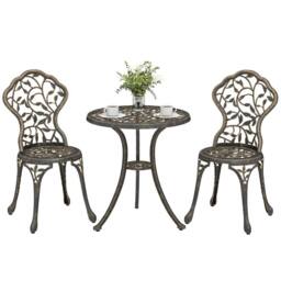 OUTSUNNY Aluminium Bistro Set Garden Coffee Table Chair Outdoor Dining Set in Brown - Size: 60 cm x 60 cm - thumbnail 2