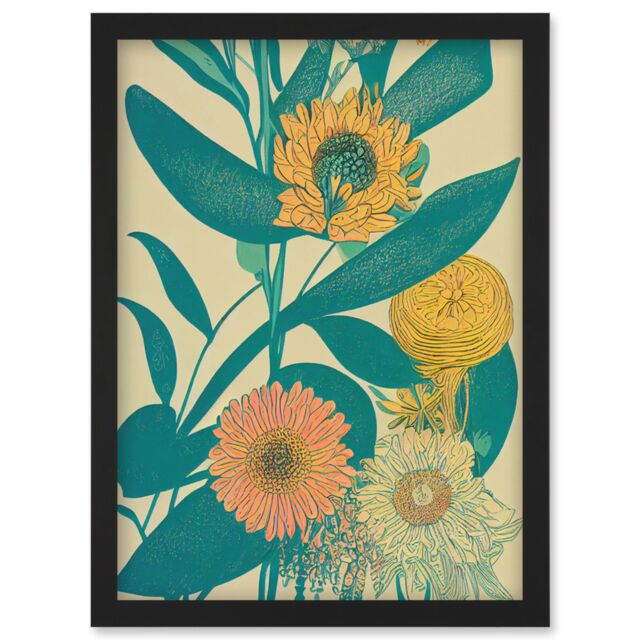 Artery8 Marigold Daisy Flowers Turquoise Leaves Bright Colourful Abstract Artwork Framed Wall Art Print A4 in Black - image 1