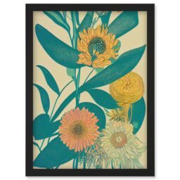 Artery8 Marigold Daisy Flowers Turquoise Leaves Bright Colourful Abstract Artwork Framed Wall Art Print A4 in Black - thumbnail 1