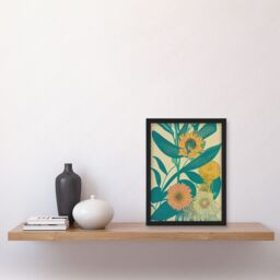 Artery8 Marigold Daisy Flowers Turquoise Leaves Bright Colourful Abstract Artwork Framed Wall Art Print A4 in Black - thumbnail 2