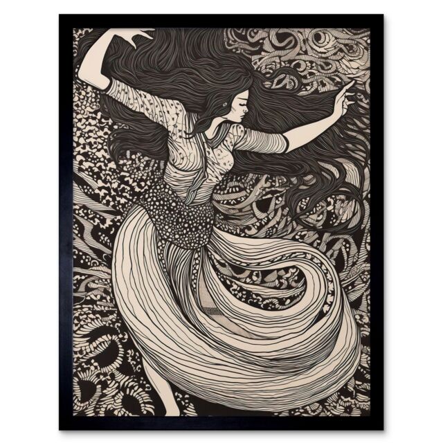 "Artery8 Wall Art Print Long Haired Woman Dancing to Music in Boho Dress Art Framed in Black - Size: W12"" x H16""" - image 1