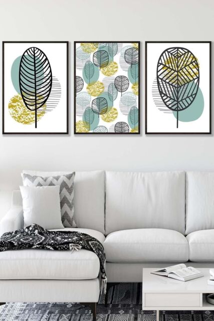 ARTZE Set of 3 Black Framed Mid Century Floral Pattern in Yellow & Blue Wall Art in Duck Egg Blue - Size: W33 cm x H45 cm x D20mm - image 1
