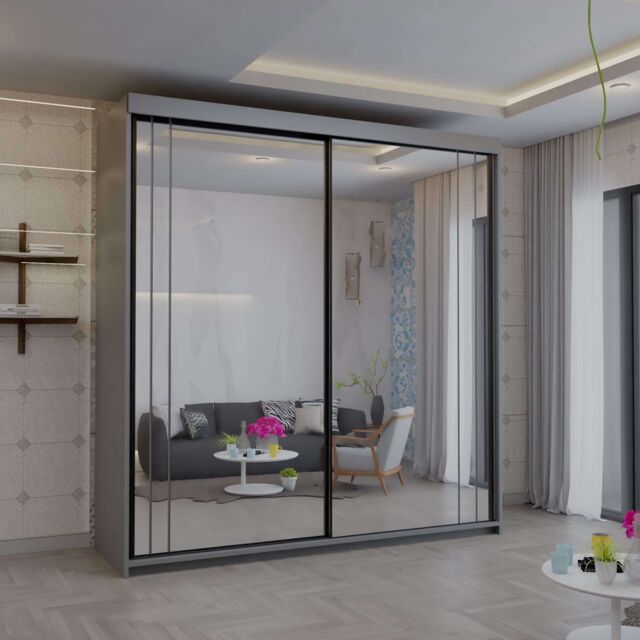 Sliding Wardrobes 4U Modish Full Mirror Sliding Door Wardrobe 203cm X 217cm in Grey - Size: 203 cm X 217 cm - image 1