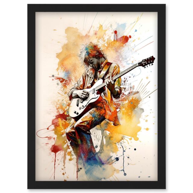 Artery8 Guitarist Musician Playing Solo on Electric Guitar Modern Watercolour Illustration Artwork Framed Wall Art Print A4 in Black - image 1