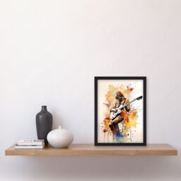 Artery8 Guitarist Musician Playing Solo on Electric Guitar Modern Watercolour Illustration Artwork Framed Wall Art Print A4 in Black - thumbnail 2