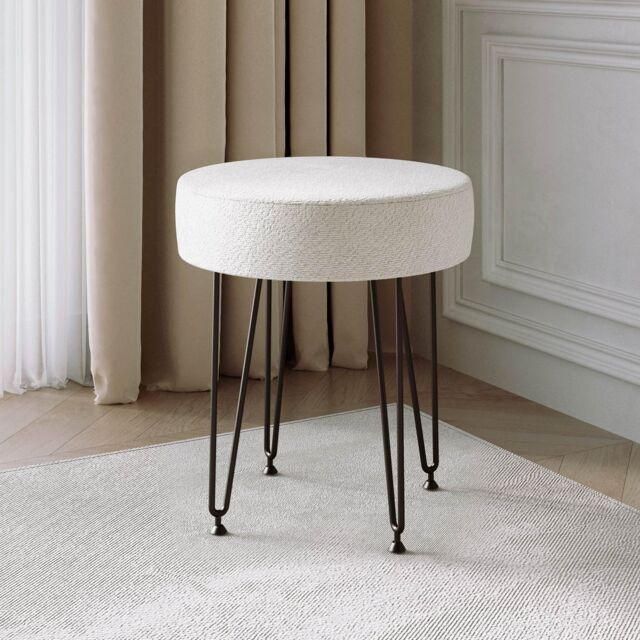 CARME HOME Alaya Ivory Bouclé Fabric Stool with Black metal Hair Pin Legs in White - image 1