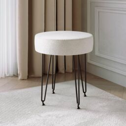 CARME HOME Alaya Ivory Bouclé Fabric Stool with Black metal Hair Pin Legs in White - thumbnail 1