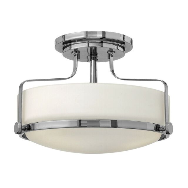 Loops 3 Bulb Semi Flush Light Opal Glass Metal Ring Polished Chrome LED E27 60W in Clear