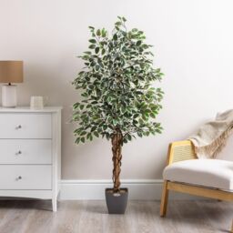 Christow Artificial Variegated Ficus Tree Realistic Faux House Plant in Pot in Green - Size: 3ft - thumbnail 2