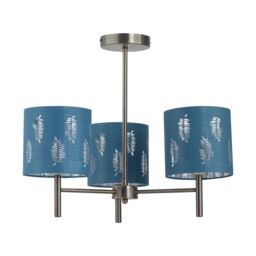 First Choice Lighting Brea - Antique Brass 3 Light Fitting with Teal Fern Shades in Gold
