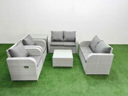 Fimous 6 Seater Outdoor Reclining Chair Love Sofa Set Rattan Garden Furniture Set with Square Coffee Table Side Table Light Grey - thumbnail 1