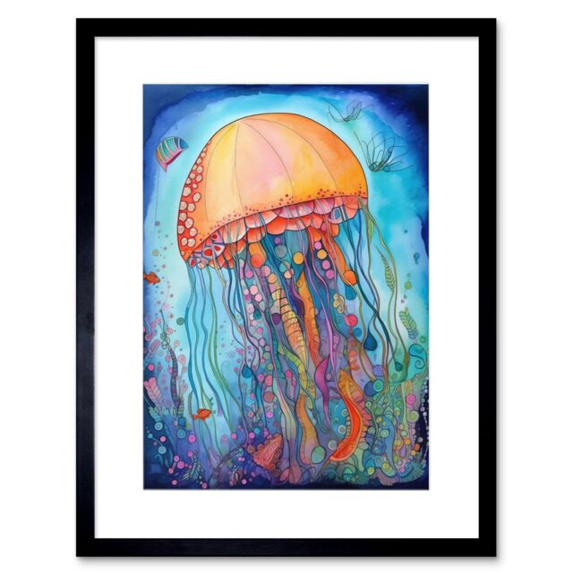 "Artery8 Wall Art Print Jellyfish With Aquatic Plants Folk Art Watercolour Painting Artwork Framed 9X7 Inch in Black - Size: W7"" x H9""" - image 1