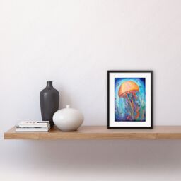 "Artery8 Wall Art Print Jellyfish With Aquatic Plants Folk Art Watercolour Painting Artwork Framed 9X7 Inch in Black - Size: W7"" x H9""" - thumbnail 2