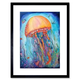"Artery8 Wall Art Print Jellyfish With Aquatic Plants Folk Art Watercolour Painting Artwork Framed 9X7 Inch in Black - Size: W7"" x H9""" - thumbnail 1
