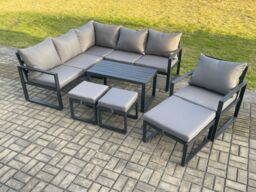 Fimous Aluminium Outdoor Garden Furniture Set Lounge Sofa Oblong Coffee Table Sets with Chair 3 Footstools Indoor Conservatory Set Dark Grey - thumbnail 2