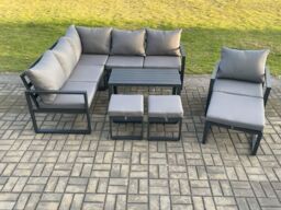 Fimous Aluminium Outdoor Garden Furniture Set Lounge Sofa Oblong Coffee Table Sets with Chair 3 Footstools Indoor Conservatory Set Dark Grey - thumbnail 1