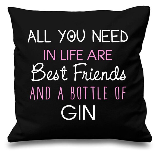 "60 SECOND MAKEOVER Cushion Cover All You Need In Life Are Best Friends & A Bottle Of Gin 16"" x 16"" in Black - Size: 40 cm x 40 cm"